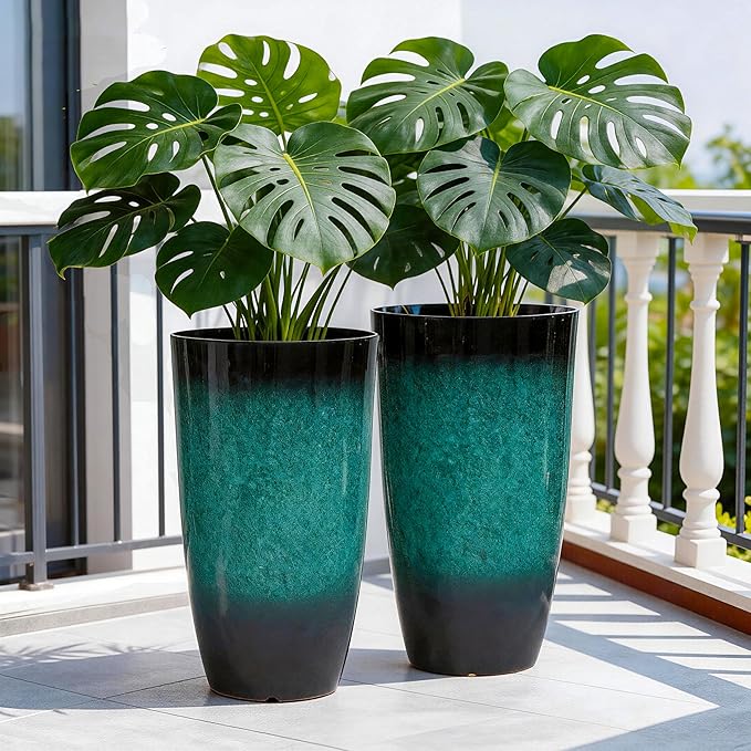 23.8" Tall Outdoor Planters Set of 2, Ceramic-Look Large Flower Pots for Indoor Outdoor Plants, All Seasons for Porch, Balcony, Garden, Patio or Home Art Decor, Gradient Turquoise Finish
