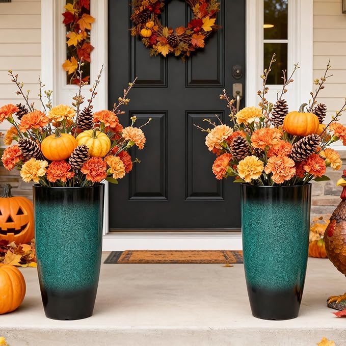 23.8" Tall Outdoor Planters Set of 2, Ceramic-Look Large Flower Pots for Indoor Outdoor Plants, All Seasons for Porch, Balcony, Garden, Patio or Home Art Decor, Gradient Turquoise Finish