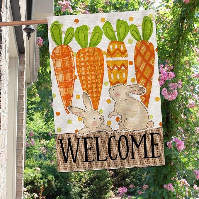 Easter Flag 28x40 Inch Double Sided Outside, Carrots Bunny Easter Flag Burlap Decorations Outdoor Yard