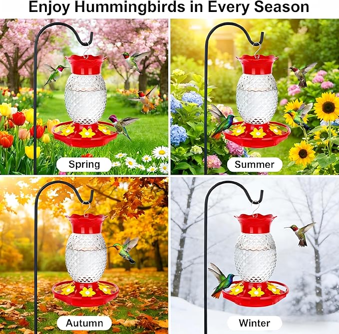 Glass Hummingbird Feeders for Outdoors Hanging Ant and Bee Proof 16OZ 2 Pack Clear Pineapple Humming Bird Feeder with 6 Feeding Ports and Ant Moat Hummingbird Gifts for Women Garden Decor