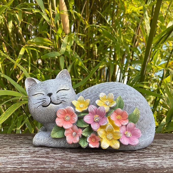 Solar Cat Outdoor Statue, Resin Solar Cat Lights with Flower for Outside, Garden Cats Figurine for Lawn Porch Yard Art - Birthday Gifts for Mom Grandma Women
