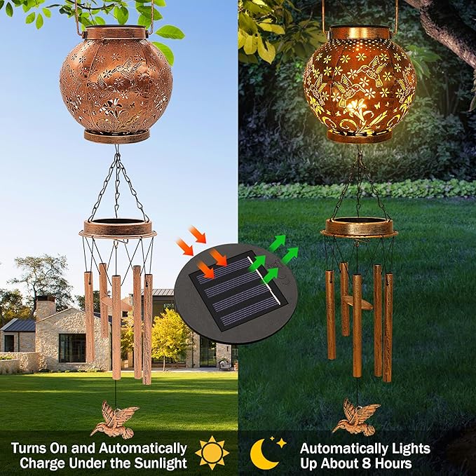 YJFWAL Hummingbird Wind Chimes for Outside, Gifts for Mothers Day Woman Mom Grandma,30" Metal Hanging Solar Lantern Wind Chimes Outdoor, Garden Decor Memorial Windchimes for Patio Porch Yard