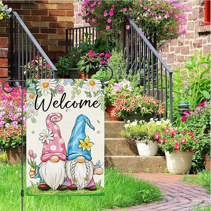 Spring Garden Flag 12x18 Inch - Cute Gnome Couple with Floral Design, Double-Sided "Welcome" Outdoor Decor for Patio Yard Spring Seasonal Decorations