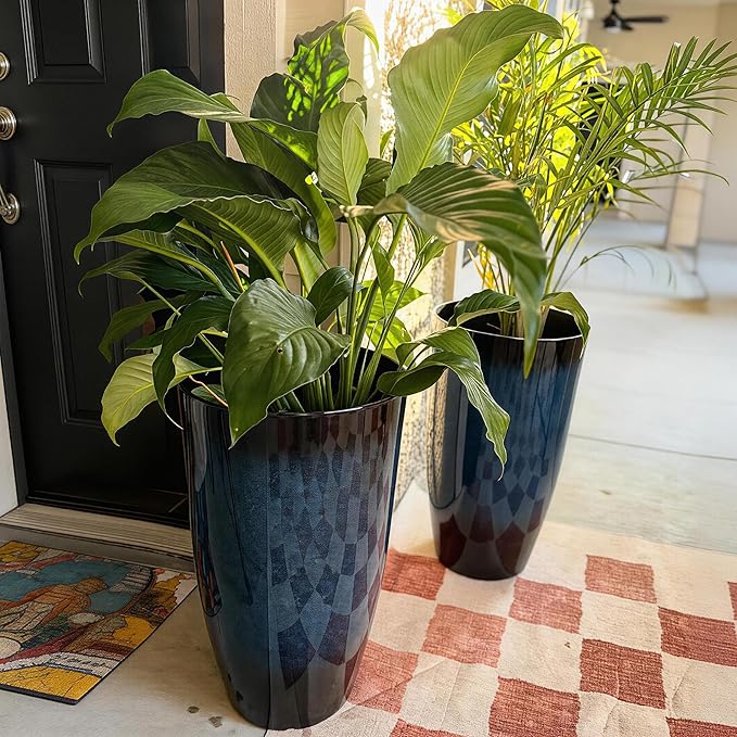 23.8" Large Tall Planters Set of 2 Plant Pot Plastic Flower Pots Outdoor Gradient Cobalt Blue Finish Front Porch Decor Pot Weather-Resistant & Lightweight for Garden, Patio, Deck, Indoor