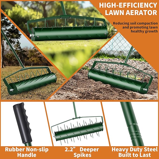 18” Lawn Aerator, Heavy-Duty Manual Lawn Aerator Tool with 50” Metal Handle for Lawn Care, Grass Aerator Lawn Aeration Machine for Garden, Yard, Cropland to Loose Soil