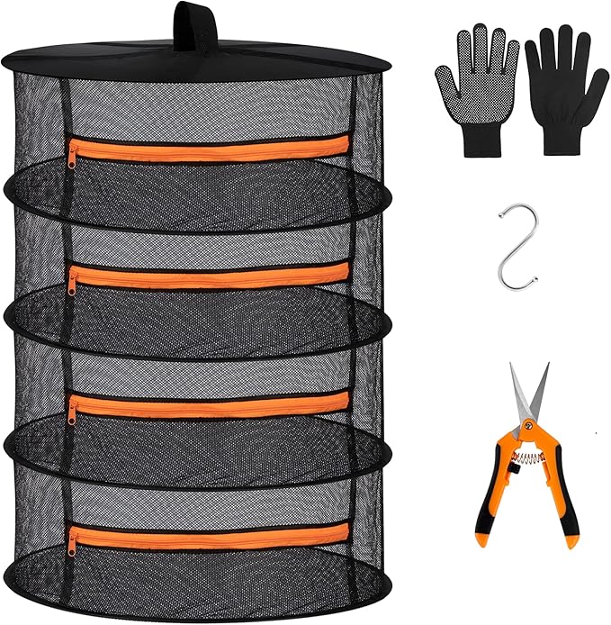 Desy & Feeci Herb Drying Rack-2ft Diameter 4 Layer Folding Mesh Hanging Basket Dryer Net with Zippers for Seeds Flowers Buds Plants Garden Outdoor Bumper Harvest(D24xH31 inch)