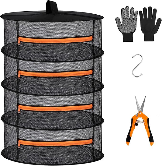 Desy & Feeci Herb Drying Rack-2ft Diameter 4 Layer Folding Mesh Hanging Basket Dryer Net with Zippers for Seeds Flowers Buds Plants Garden Outdoor Bumper Harvest(D24xH31 inch)