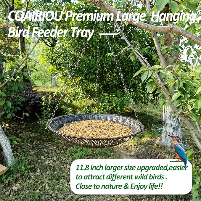Premium Hanging Bird Feeder Tray,Size 11.8” Large Platform Bird Feeder Stainless Steel Mesh Tray,Wild Bird Feeder for Outside Hanging Seed Platform