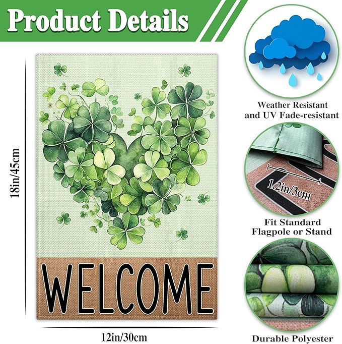 St Patrick'S Day Garden Flags for Outside 12×18 Floral Welcome Garden Flags 3 Ply Shamrocks Flag for Outdoor Yard House Lawn Holiday Sign Decor