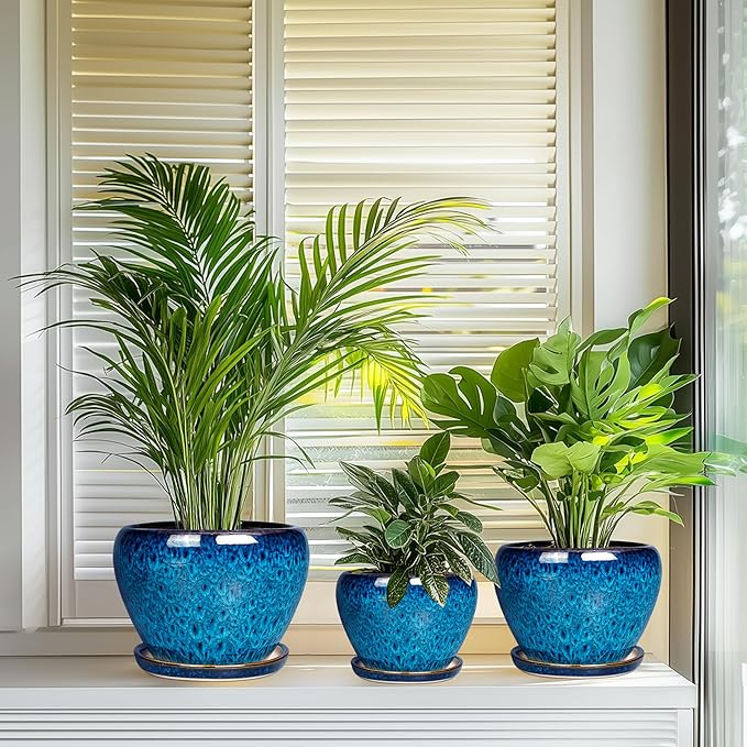 Ceramic Plant Pots Indoor, 10 Inch 8 Inch 6 Inch Round Planters Pots for Indoor Outdoor Plants, Modern Large Flower Pots with Drainage Holes and Saucers, Set of 3, Blue