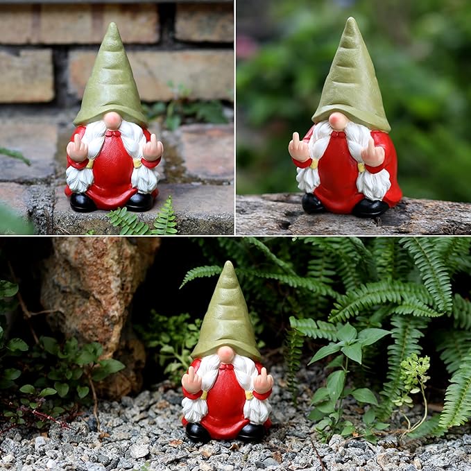 Middle Finger Female Gnome Statue 7.8in， Naughty Garden Gnome Statue Decoration and Lawn Ornament - Funny Garden Gnomes for Outdoor or Home Decor