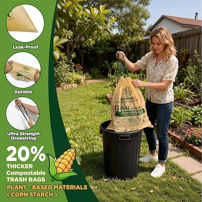 EcoMokii 13 Gallon Compostable Trash Bags with Drawstring, 30 Count, 49.2 Liter, 1.2 Mil Heavy Duty Extra Thick Large Kitchen Garbage Bin Liners, Compost Food Scraps Bag, BPI (ASTM D6400)
