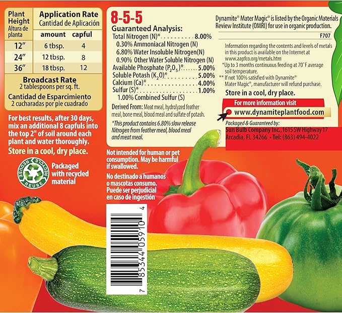 Dynamite Mater Magic - Organic Tomato Fertilizer for Bigger, Juicier Tomatoes and Vegetables, OMRI Listed, Nitrogen and Calcium-Rich Plant Food - .675 Pound Container with Shaker Lid (Pack of 2)