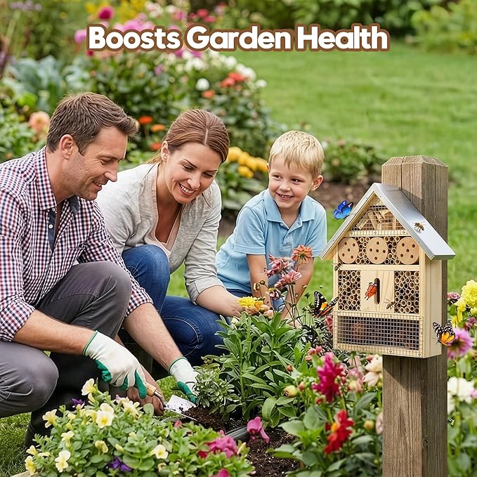UUMENHA Insect Hotel & Mason Bee House - Butterfly House,Multi-Functional Bee Hotel for Garden, Attract Pollinators,Durable Natural Wood Design,4.13×2.56×10.63 inches