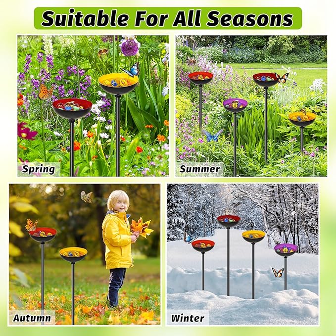 4 Pack Bee Watering Station for Garden, MeyRolizn Outdoors Metal Bee Butterfly Feeder with Glass Marbles, Butterfly Bath Insects Water Bowl for Yard Patio Decor Oval Style