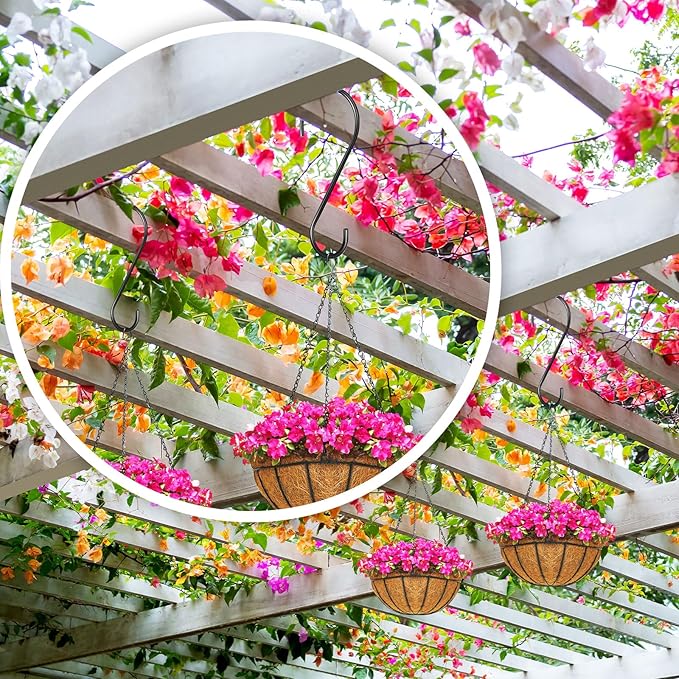 12 Pack 12 Inch S Hooks for Hanging Plants Black Metal Plant Hanger Outdoor Hanging Tree Hooks for Branch, Bird Feeder, Basket, Lantern, Indoor Closet Garden