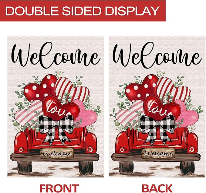 Valentine's Day Garden Flag, Valentines Flag 12x18 Double Sided Decorations, Red Truck Small Flag for Outdoor