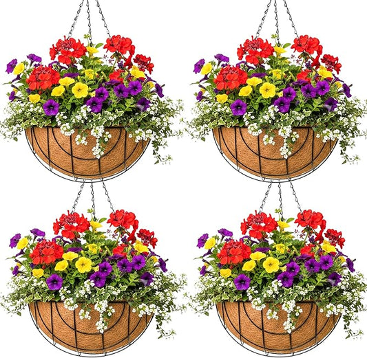 Metal Hanging Baskets for Plants Outdoor 4 Pack Round Metal Wire Hanging Basket Planter (Grid, 10 Inch)
