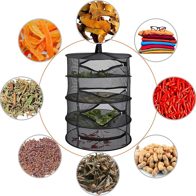 Desy & Feeci 4-Layer Herb Drying Rack - Collapsible Mesh Hanging Dryer Net for Herbs, Flowers, Tea, Fruits, and Vegetables - Includes S-Hook & Storage Bag (24" x 31")