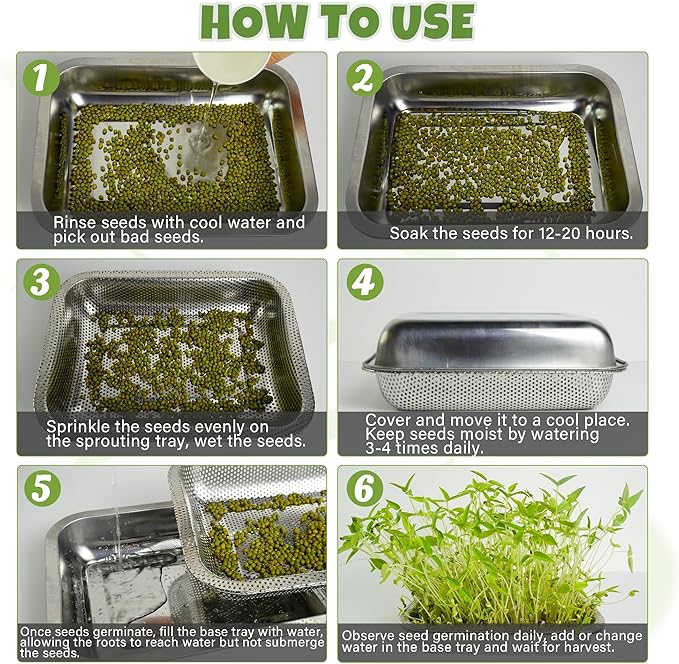 2 Pack Stainless Steel Seed Sprouter Trays, 2-Tier Soil-Free Microgreens Growing Kit, Rust-Free Sprouting Tray with Mesh Pads for Sprouts Beans Alfalfa Wheatgrass