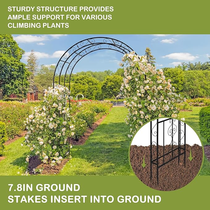 Outvita 7FT Garden Arch Arbor, Heavy Duty Metal Arbour Archway, Decorative Frame Stand Trellis with 7 Inch Ground Stakes for Wedding Ceremony Party Plant Climbing Rose Vines Lawn Courtyard Patio Black