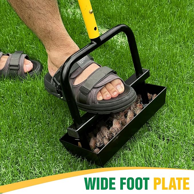 Adjustable Lawn Aerator Coring Tool with Soil Core Collection Tray, 4 Tines Manual Yard Air Grass Aerator Gardening Tool for Lawn Care Courtyards, 38''
