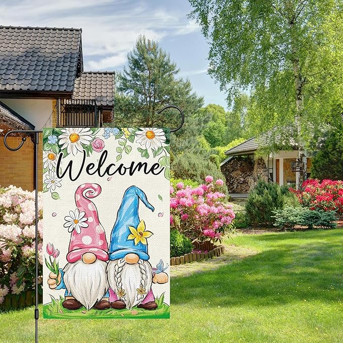 Spring Garden Flag 12x18 Inch - Cute Gnome Couple with Floral Design, Double-Sided "Welcome" Outdoor Decor for Patio Yard Spring Seasonal Decorations