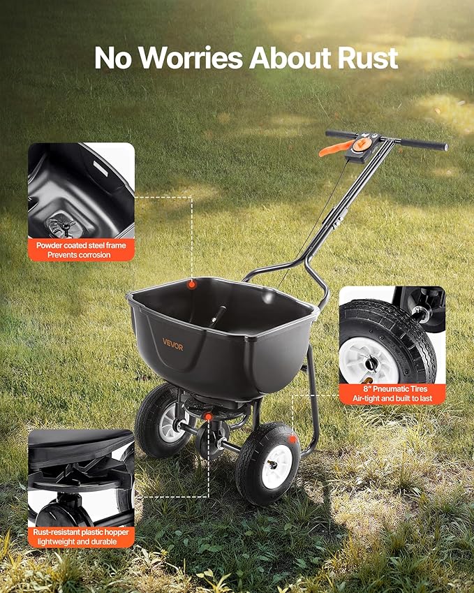 VEVOR Walk Behind Spreader, 60LBS Capacity, Push Spreader with Hopper Grate, 0-9.8 ft Spreading Width, 8 in All Terrain Pneumatic Tires, Garden & Lawn Broadcast Spreaders, for Seed, Fertilizer