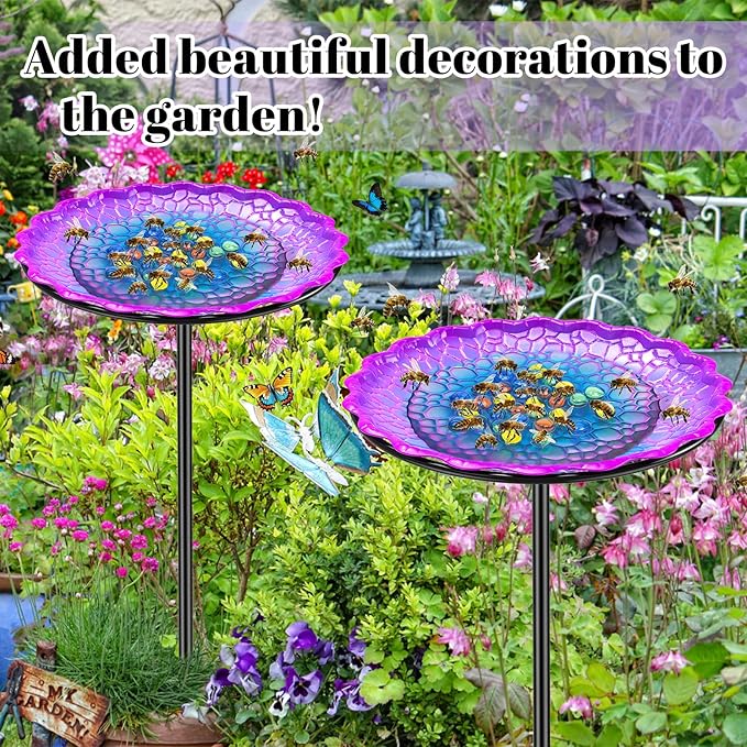 Bee Butterflies Watering Station, Standing Bee Feeder with Glass Marbles for Outside, Bee Bath Feeder with Metal Stakes Butterfly Puddler Garden Yard Déco (Purple)