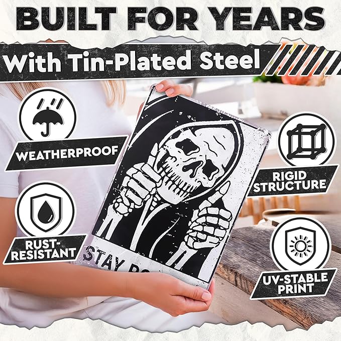 Halloween Skull Decor for Home – Stay Positive Tin Signs Vintage Style 8×12 Inch – Easy to Hang Halloween Wall Decor, Funny Metal Signs for Bedroom, Living Room, Garage, Office – Indoor/Outdoor Use