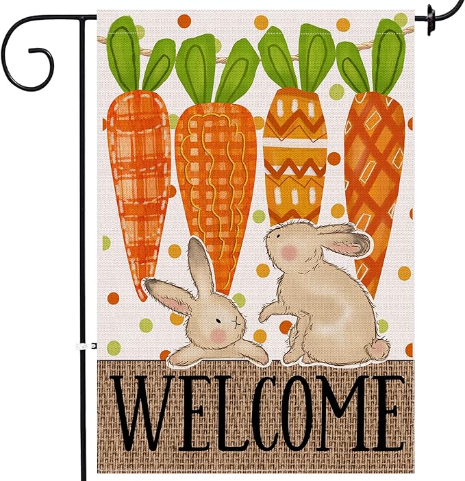 Easter Garden Flag 12x18 Inch Double Sided Outside, Carrots Bunny Easter Flag Burlap Decorations Outdoor Yard
