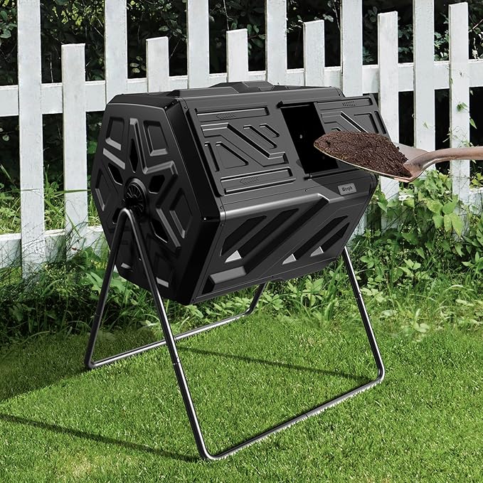 43 Gallon Compost Bin with Gloves, Fast Assembly & Easy Setup Outdoor Compost Tumbler, Updated Dual Chamber Tumbling Composter for Garden, Kitchen, and Yard Waste, Black
