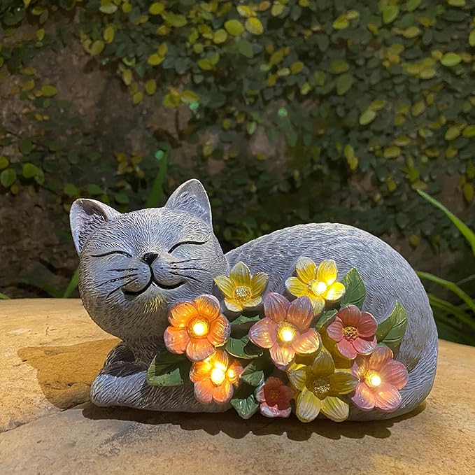 Solar Cat Outdoor Statue, Resin Solar Cat Lights with Flower for Outside, Garden Cats Figurine for Lawn Porch Yard Art - Birthday Gifts for Mom Grandma Women
