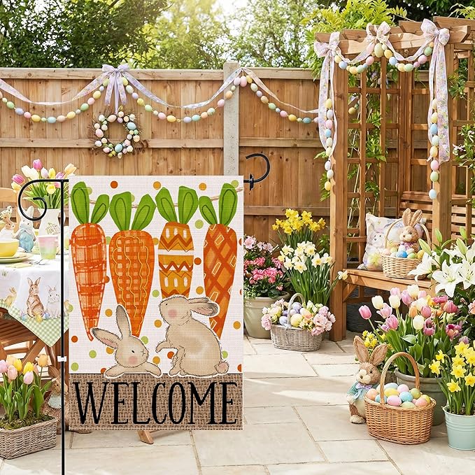 Easter Garden Flag 12x18 Inch Double Sided Outside, Carrots Bunny Easter Flag Burlap Decorations Outdoor Yard
