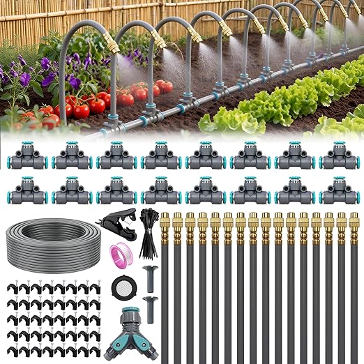 Drip Irrigation System 100FT 1/4", 360°Adjustable Garden Watering System with 16pcs Copper Nozzles, Drip Irrigation Kit for Outdoor Plants, Greenhouse Watering System