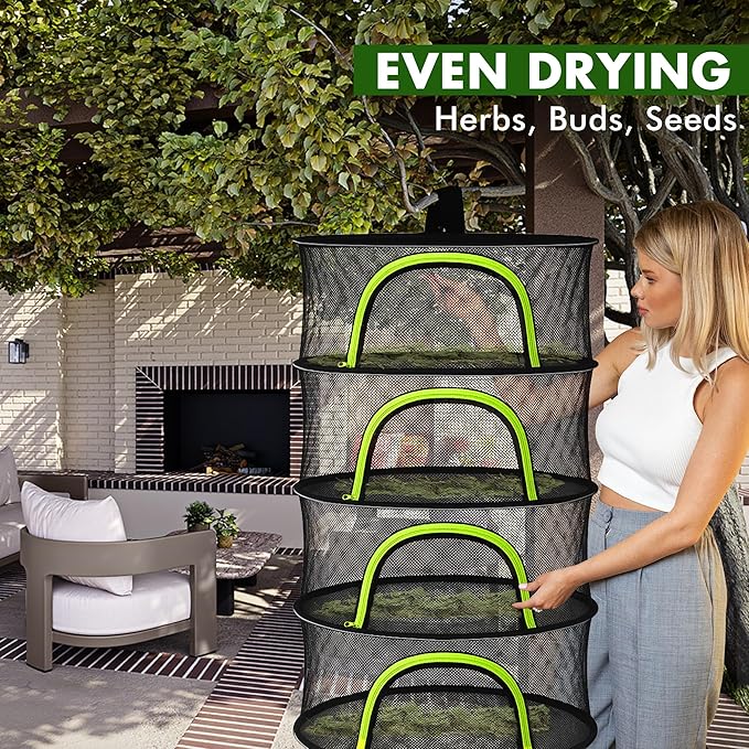 Herb Drying Rack Hanging Mesh 4 Layer 24" with Zipper, Garden Pruning Shear, Hook & Carabiner Clip for Drying Herbs, Plants, Seeds, Buds | Hydroponics & Grow Tents Herb Dryer Hanging Rack