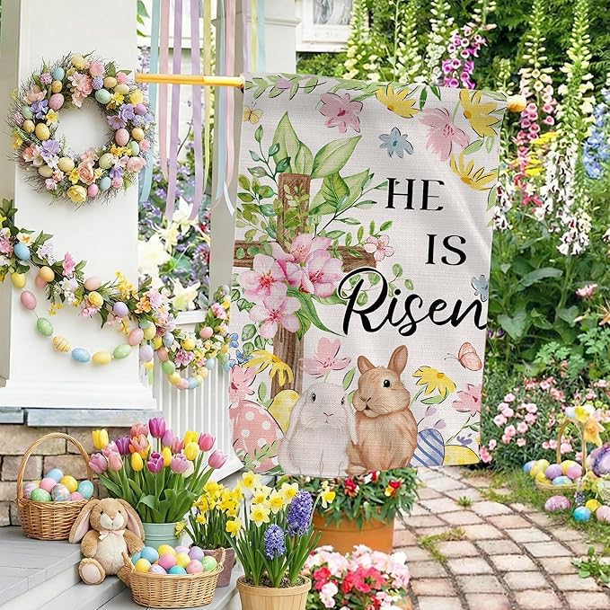 Easter Bunny Flag 28x40 Inch Double Sided Outside, He Is Risen Easter Flag Lamb Flowers Cross Decorations Outdoor Yard Burlap