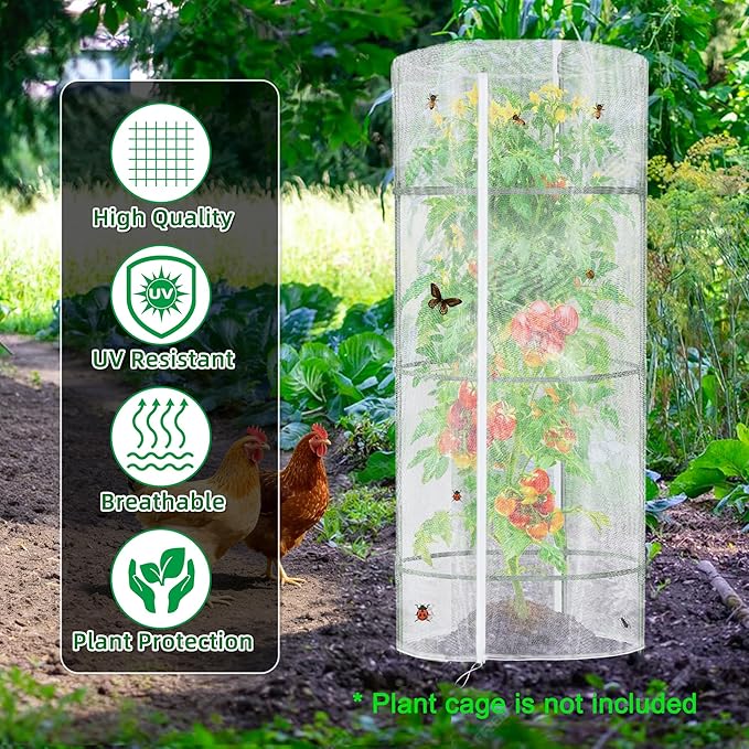 3 Pack Garden Netting for Round Plant Cage, 55" x 15" Tomato Cage Bird Netting Mesh Plant Cover with Zipper, Tomato Trellis Pest Barrier Garden Protection Net Cover for Climbing Plants Vegetables