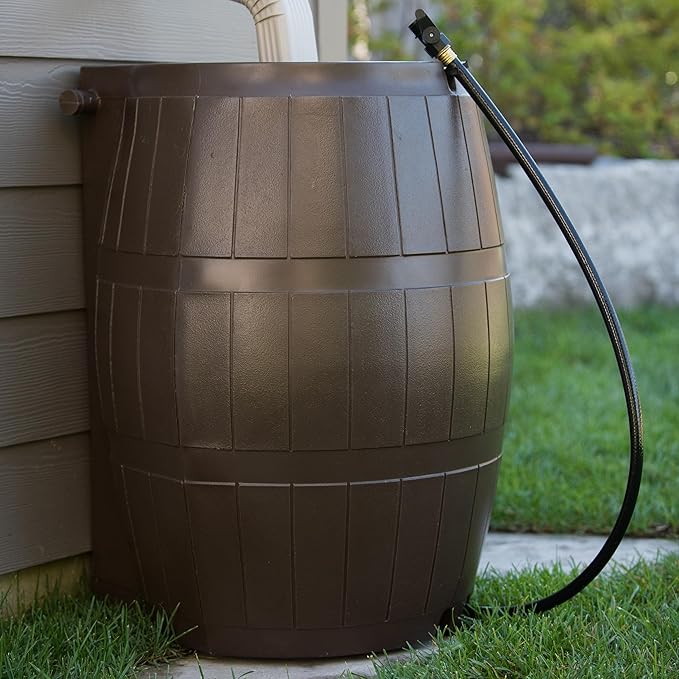 FCMP Outdoor Raincatcher 4000 Rain Barrel, Flat-Back Rainwater Catcher with Spigots, 50 Gallon, Brown - Portable Water Storage Container Tank for Home, Garden, and Backyard