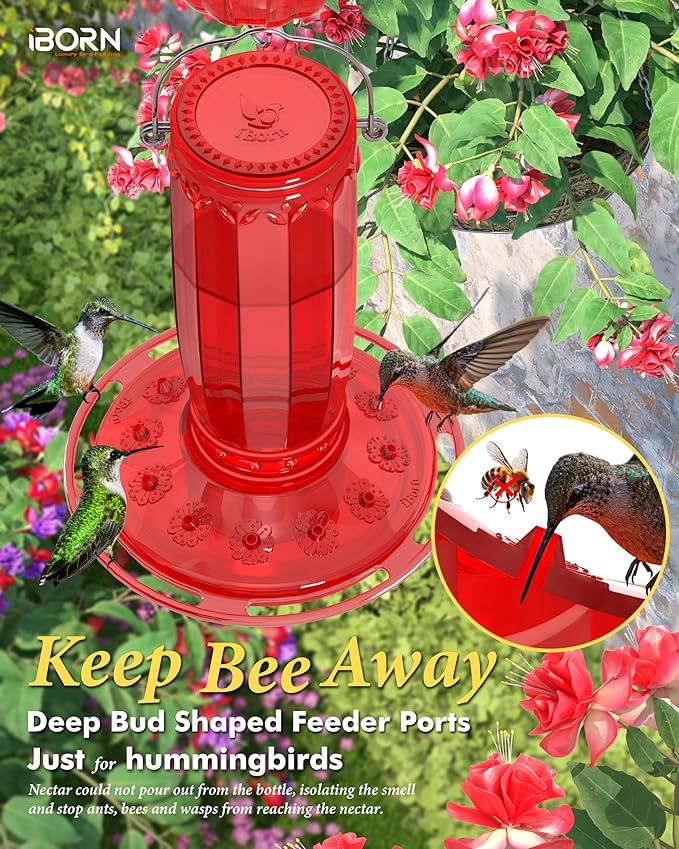 iBorn Hummingbird Feeders for Outdoors Hanging with Ant Moat for Hummingbird Feeder Glass 12 Ports for 16oz Humming Bird Nectar, Red Glass, Pack of 1