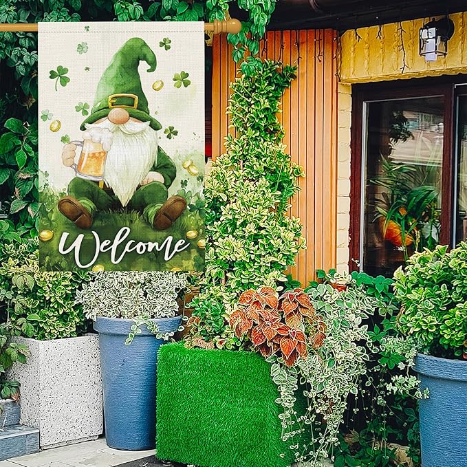 St Patricks Day Gnome House Flag 28x40 Inch Double Sided，Lucky Shamrocks Large Burlap Flag Welcome Irish Holiday Yard Outdoor Decor