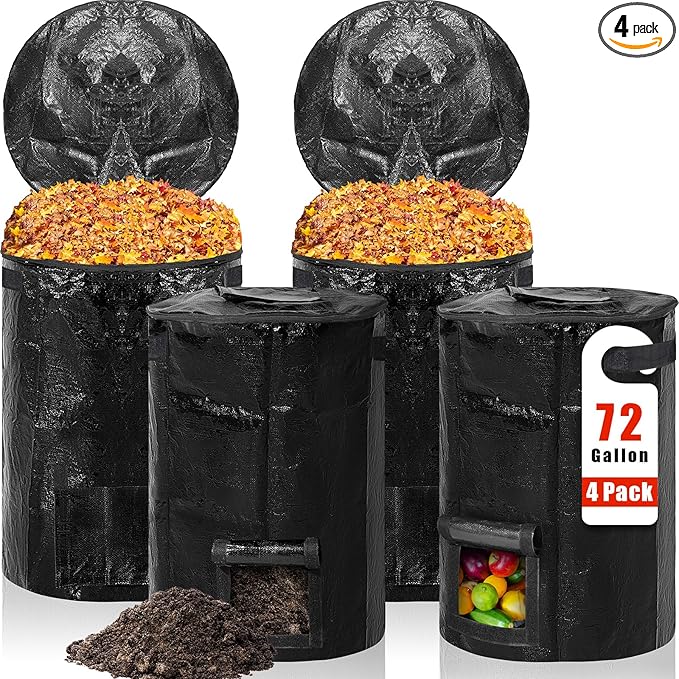 Berlune 4 Pack 72 Gallons Reusable Yard Waste Bag Garden Lawn Leaf Collector Bag Large Heavy Duty Collapsible Compost Bin with Lid and Handles for Outdoor Debris Leaves Grass Clippings