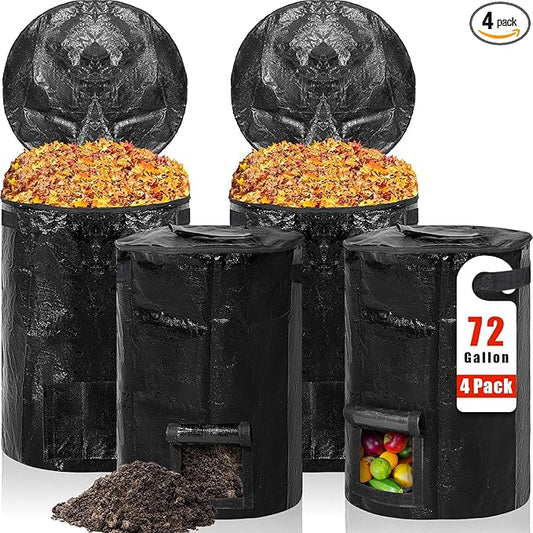 Berlune 4 Pack 72 Gallons Reusable Yard Waste Bag Garden Lawn Leaf Collector Bag Large Heavy Duty Collapsible Compost Bin with Lid and Handles for Outdoor Debris Leaves Grass Clippings