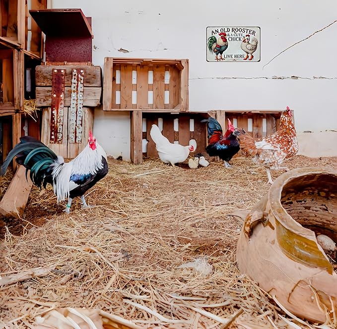 Funny Gifts for Women Chicken Lovers Farm Enthusiasts An Old Rooster And A Cute Chick Live Here Chicken Tin Sign for Chicken Coop Farm Kitchen Garden Yard Decor 8 X 12 Inch (3821)