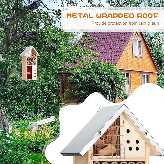 Maitys 3 Pcs Wooden Mason Insect Bee Hotel Butterfly House Natural Ladybug House Bug Hotel for Garden Outdoor Butterfly Ladybugs Live Bee Box Attracts Pollinators, 10 x 5.5 x 2.5 Inch