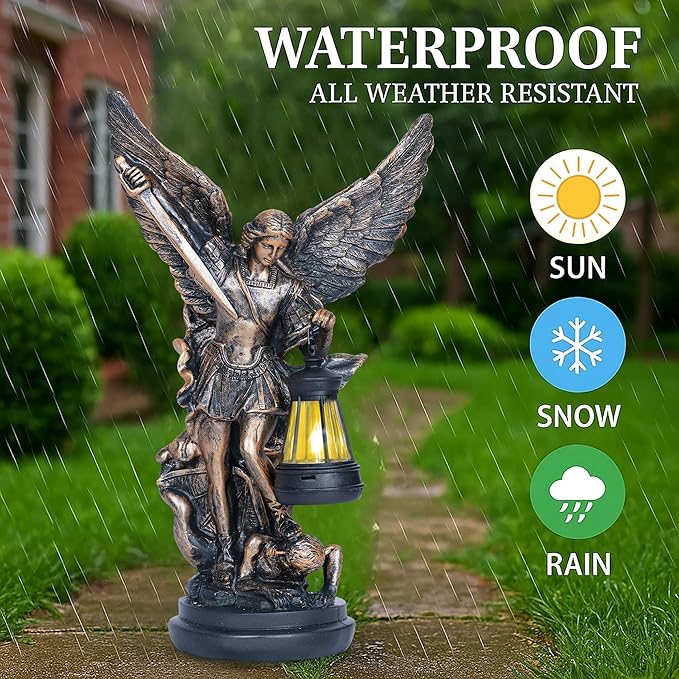 St Michael The Archangel Solar Outdoor Garden Decor Statues–12 in Miguel Arcangel Statue Solar Outdoor Sculptures for Outside Yard Patio Balcony Front Lawn Decor