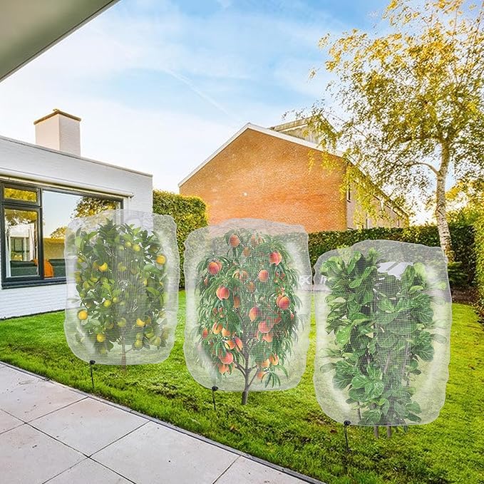6 Pcs Insect Bird Barrier Tree Net with Drawstring, 3.9 x 3.2 Ft Garden Bird Netting Plant Cover, Fruit Tree Netting for Protect Plants Fruits Flowers from Insect Bird Eating