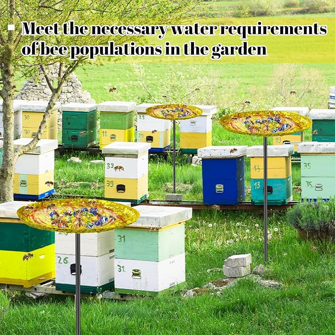 Bee Butterfly Water Station, MeyRolizn Metal Butterfly Puddler with Glass Marbles, Bee Bath Butterfly Feeders with 4 Prongs Base Stake for Outdoors Garden Yard Patio Decor(Ellipse)