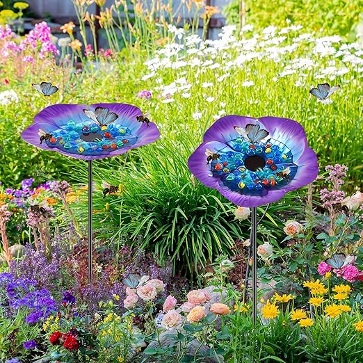 Tandefio 2 Pack Bee Watering Station Metal Butterfly Water Feeder Cup with 60 Colorful Glass Marble Vivid Flower Butterfly Bee Bath Bowl for Outdoor Garden Yard Decor(Blue Purple)