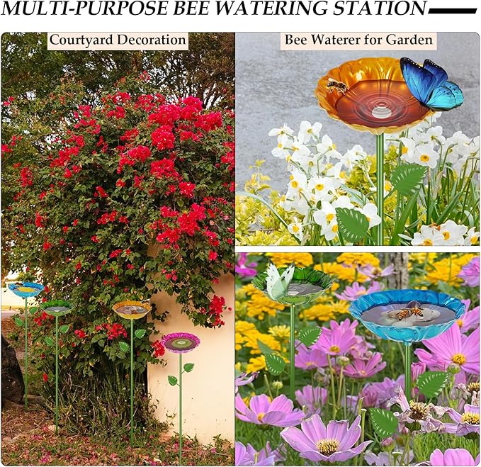 Bee Watering Station | 4 Pack Bee Baths for Garden | Metal Flowers Decorative Garden Stakes | Butterfly Feeder for Outside Garden Yard Decor (Red,Green,Blue,Yellow)